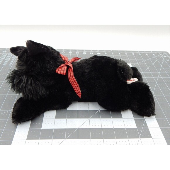 Aurora Scottish Terrier Puppy Dog 12" Black Stuffed Plush With Red Plaid Bow - Picture 10 of 11